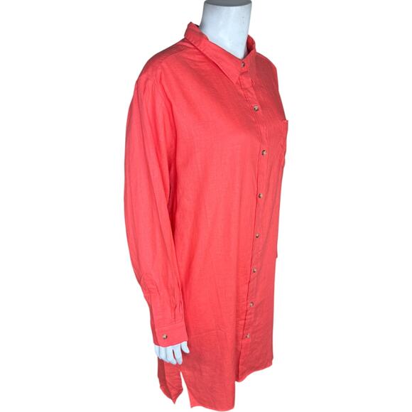 Encore by Idina Menzel Coral Linen Blend Tunic Shirt Dress LP NWOT Button-Front - Picture 7 of 13